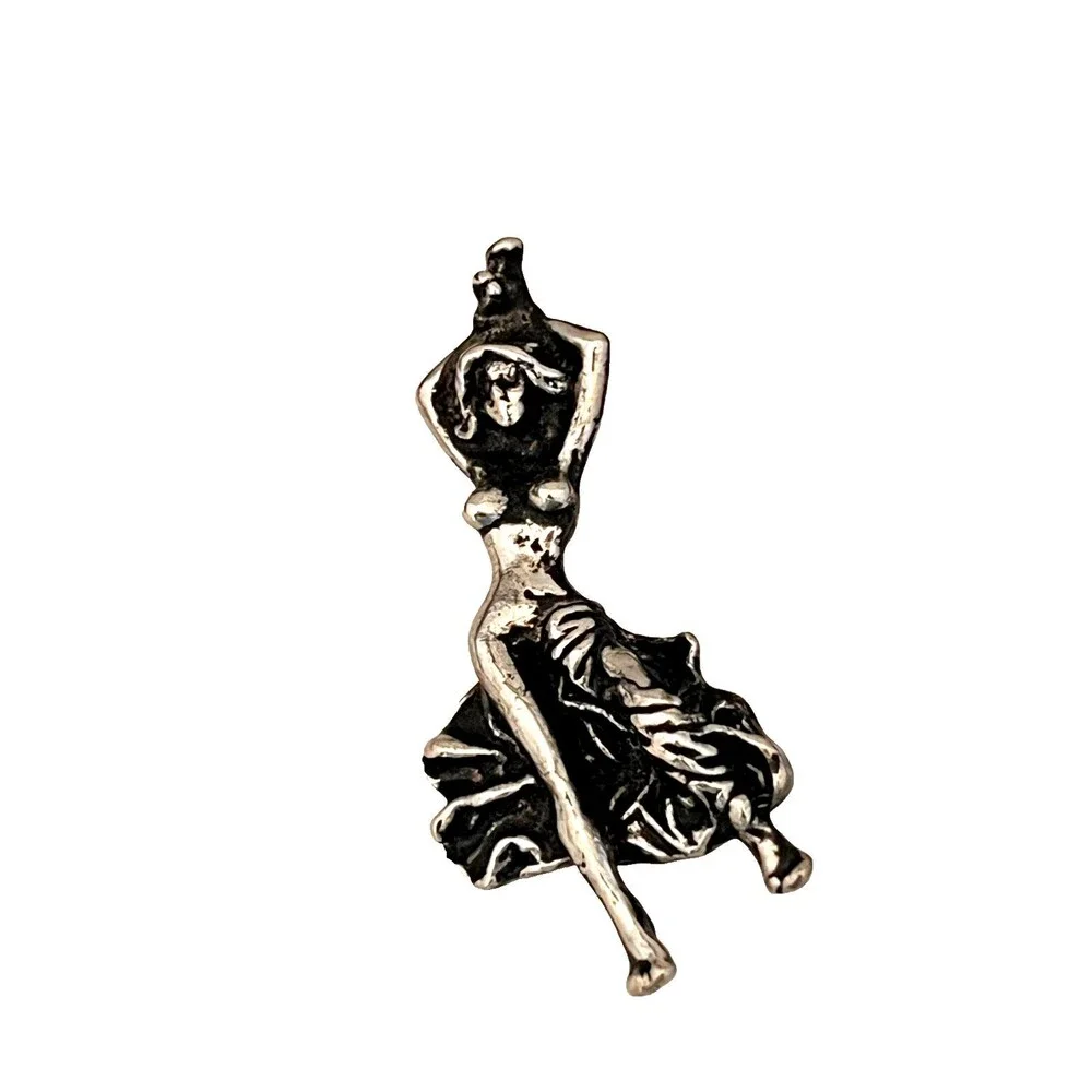 Vintage 1990s Biker Pinup Woman Brooch Antiqued Silver Tone Figural - 1I
